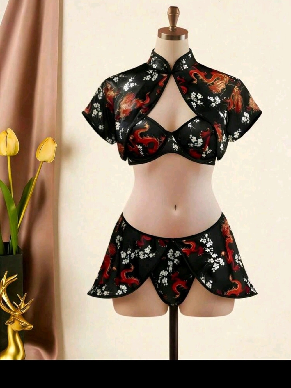 Black Floral Dragon Satin Lingerie Set